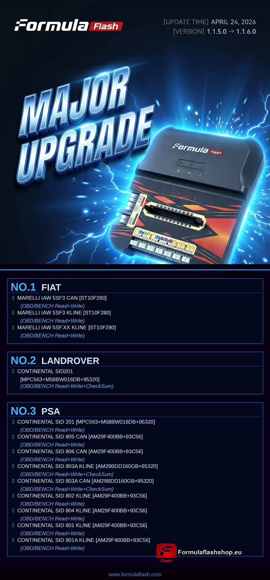FormulaFlash V1.1.6.0 Update SID201 SID805 SID803A etc ECUs
